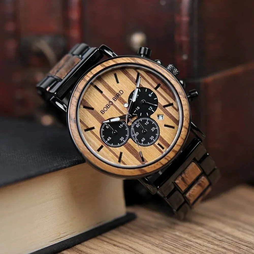 🆕Bobo Bird Quartz Men Black Wood & Stainless Steel Combined Chronograph Watches